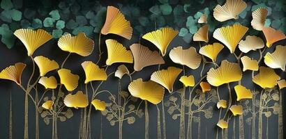 3d colorida ilustração do ginkgo folhas, cervo, e folhas dentro Sombrio fundo. minimalista pintado à mão tela de pintura arte parede quadro, Armação decoração, gerar ai foto