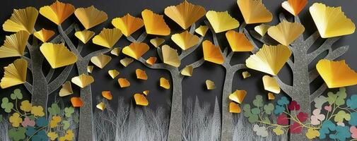 3d colorida ilustração do ginkgo folhas, cervo, e folhas dentro Sombrio fundo. minimalista pintado à mão tela de pintura arte parede quadro, Armação decoração, gerar ai foto