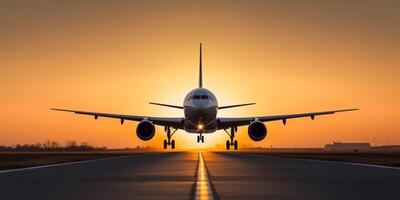 avião é sobre para descolar a partir de pista ai gerado foto