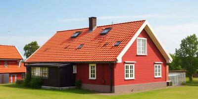 uma pequeno casa com uma vermelho cobertura ai gerado foto