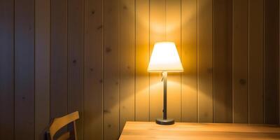 de madeira mesa dentro restaurante com luminária ai gerado foto