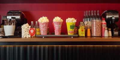 cinema lanche Barra com pop calos e suave beber ai gerado foto