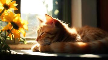 gengibre fofa malhado gato é cochilando dentro a Sol em a peitoril da janela Próximo para interior flores, ai gerado foto