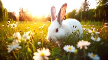 lindo pequeno doméstico branco Coelho entre a Relva e flores silvestres às pôr do sol, ai gerado foto