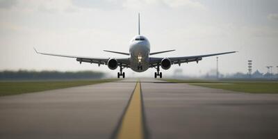 avião em uma pista com céu dentro a fundo ai gerado foto