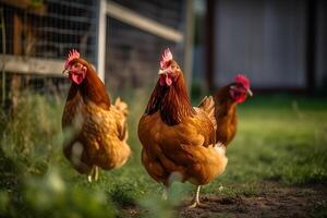 galinhas caminhando em a Relva em a Fazenda. ai gerado. foto