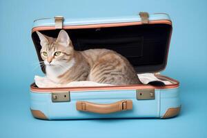 fofa malhado gato sentado dentro a aberto mala de viagem em azul fundo. ai gerado. foto