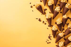 gelo creme dentro chocolate waffle cones e chocolate salgadinhos em amarelo fundo com cópia de espaço, topo visualizar. ai gerado. foto