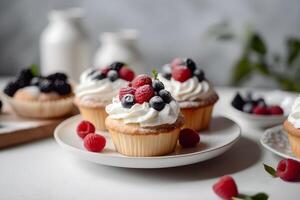 bolos de copo com creme e bagas. delicioso sobremesa. ai gerado. foto