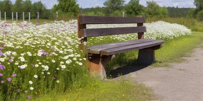 de madeira Banco com uma campo do flores dentro fundo ai gerado foto