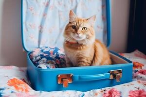 fofa gengibre gato sentado dentro a aberto mala de viagem entre verão roupas. ai gerado. foto