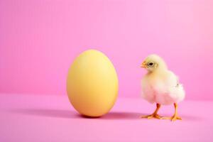 pequeno frango olhando às a ovo em Rosa fundo com copyspace. agricultura e agricultura conceito. ai gerado. foto