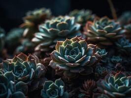 miniatura casa flores suculentos e cacto dentro a jardim criada com generativo ai tecnologia foto