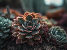 miniatura casa flores suculentos e cacto dentro a jardim criada com generativo ai tecnologia foto