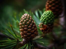 pinho cones dentro a floresta. seletivo foco. criada com generativo ai tecnologia. foto