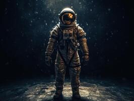 astronauta dentro traje espacial contra a fundo do a noite céu criada com generativo ai tecnologia foto