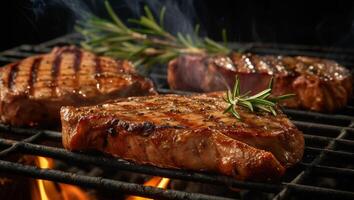 grelhado carne de porco ou carne bifes ai generativo foto