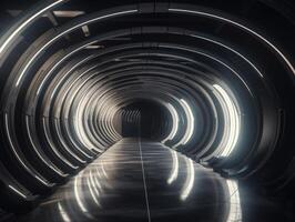 abstrato futurista túnel corredor com brilhando luzes e reflexões Ciência ficção estilo criada com generativo ai tecnologia foto