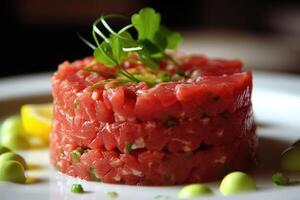 carne bife tartare com vegetação e legumes. ai gerado foto