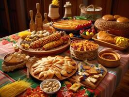 Comida festa em decorado mesa para festa junina celebração. brasileiro Comida para a comemorar Junho celebração. Comida fundo generativo ai ilustração foto