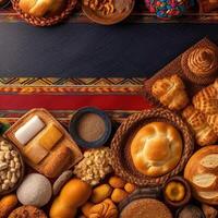 Comida festa em decorado mesa para festa junina celebração. brasileiro Comida para a comemorar Junho celebração. Comida fundo generativo ai ilustração foto