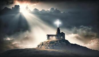 piedosos Cruz simbolizando a morte e ressurreição do Jesus Cristo com a céu sobre Gólgota Colina é envolto dentro luz e nuvens, ai generativo foto