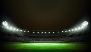 futebol estádio iluminado de holofotes e esvaziar verde Relva Parque infantil, grande estádio, generativo ai foto