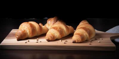 fresco croissant em uma de madeira borda ai gerado foto