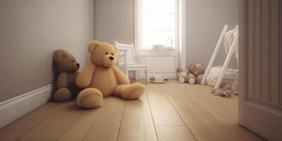 uma quarto com uma Urso de pelúcia Urso em chão ai gerado foto