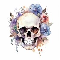 aguarela crânio com flores ilustração ai generativo foto