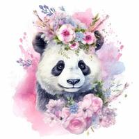 aguarela panda com flor coroa. ilustração ai generativo foto