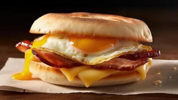 bacon, ovo e queijo café da manhã sanduíche em uma torrado Inglês bolinho ilustração ai generativo foto