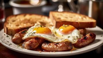 café da manhã o jantar com salsicha, branco brinde, ovos ilustração ai generativo foto