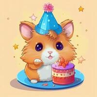 fofa aniversário hamster com bolo. ilustração ai generativo foto