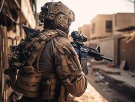 Unidos estados exército especial forças soldado dentro uniforme e capacete com assalto rifle criada com generativo ai tecnologia foto