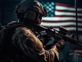 Unidos estados exército especial forças soldado dentro uniforme e capacete com assalto rifle criada com generativo ai tecnologia foto