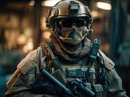 Unidos estados exército especial forças soldado dentro uniforme e capacete com assalto rifle criada com generativo ai tecnologia foto