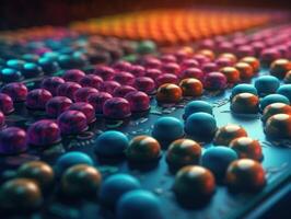muitos colorida pílulas em uma Sombrio fundo geométrico composição criada com generativo ai tecnologia foto