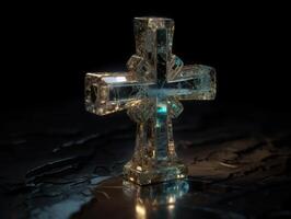 cristal Cruz em uma Preto fundo criada com generativo ai tecnologia foto