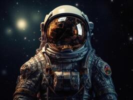 astronauta dentro traje espacial contra a fundo do a noite céu criada com generativo ai tecnologia foto