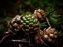 pinho cones dentro a floresta. seletivo foco. criada com generativo ai tecnologia. foto