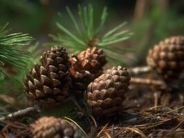 pinho cones dentro a floresta. seletivo foco. criada com generativo ai tecnologia. foto