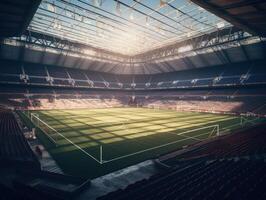 futebol estádio com brilhante luzes e assentos criada com generativo ai tecnologia foto
