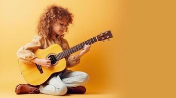 encaracolado menina com guitarra. ilustração ai generativo foto