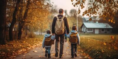 costas para escola. Visão a partir de a costas do uma feliz Papai acompanhantes dele filhos escolares para escola. ilustração ai generativo foto