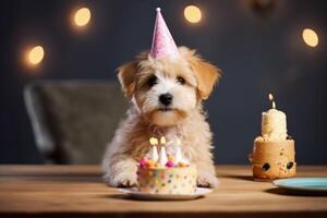 fofa aniversário cachorro com bolo. ilustração ai generativo foto