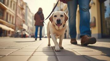proprietário e cachorro caminhando dentro cidade. ilustração ai generativo foto