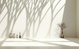 sombra textura com branco paredes e árvores em uma branco chão, ilustração ai generativo foto