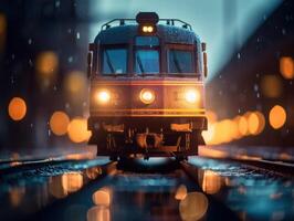 trem em a estrada de ferro faixas às noite dentro a chuva. a conceito do viagem. criada com generativo ai tecnologia. foto