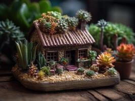 fantasia miniatura casa flores suculentos e cacto dentro a jardim criada com generativo ai tecnologia foto